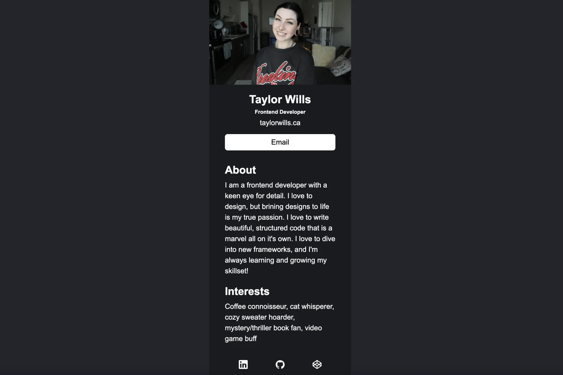 An image of a business card containing a picture of Taylor, a woman with black hair wearing a tshirt, Taylor's contact info, skills, and hobbies.