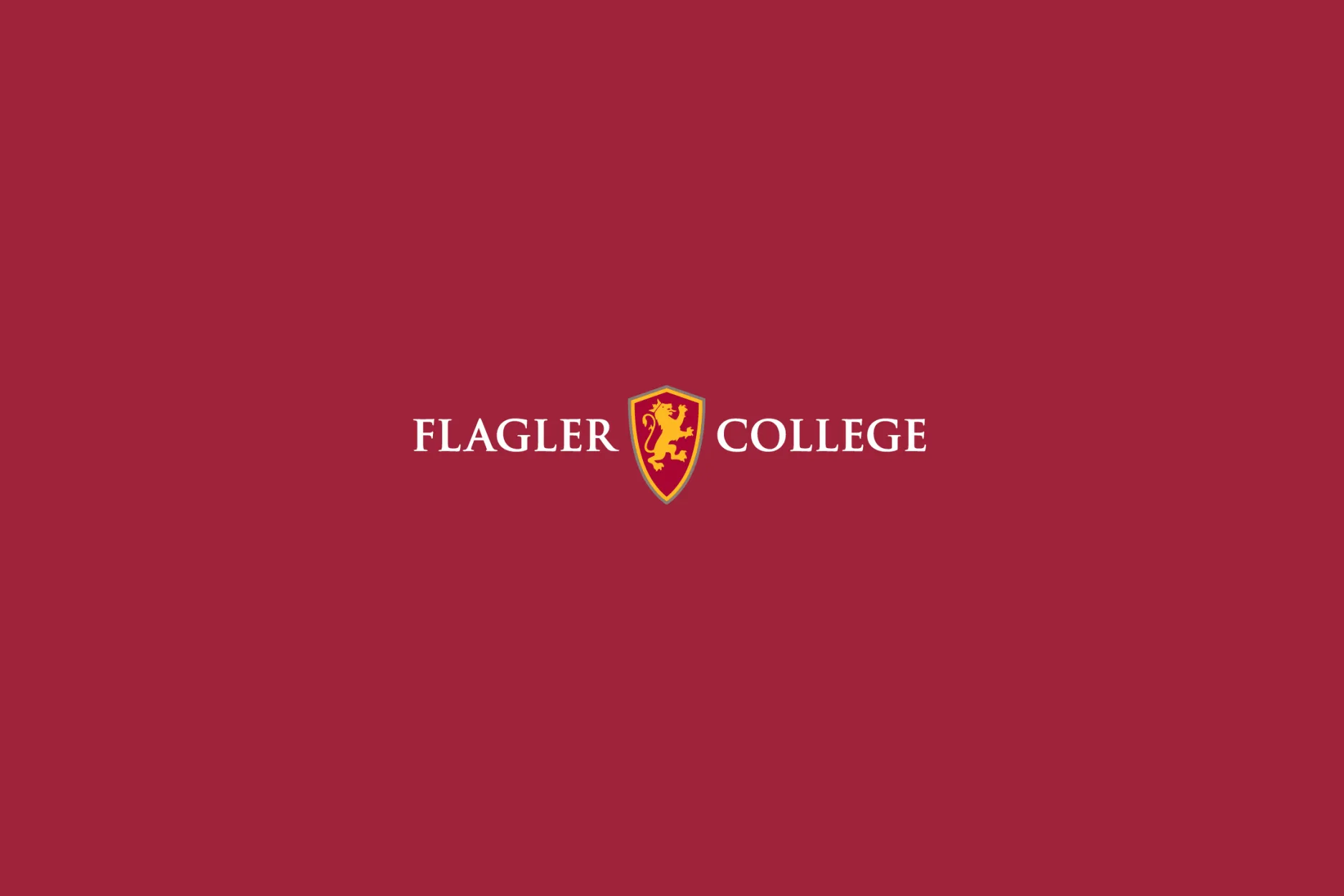 The Flagler College logo, featuring a crest with a lion and white text, with a maroon background.